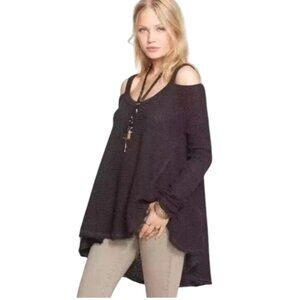 Free People Moonshine Tunic Top Waffle Knit Cotton Gray Cold Shoulder Size L